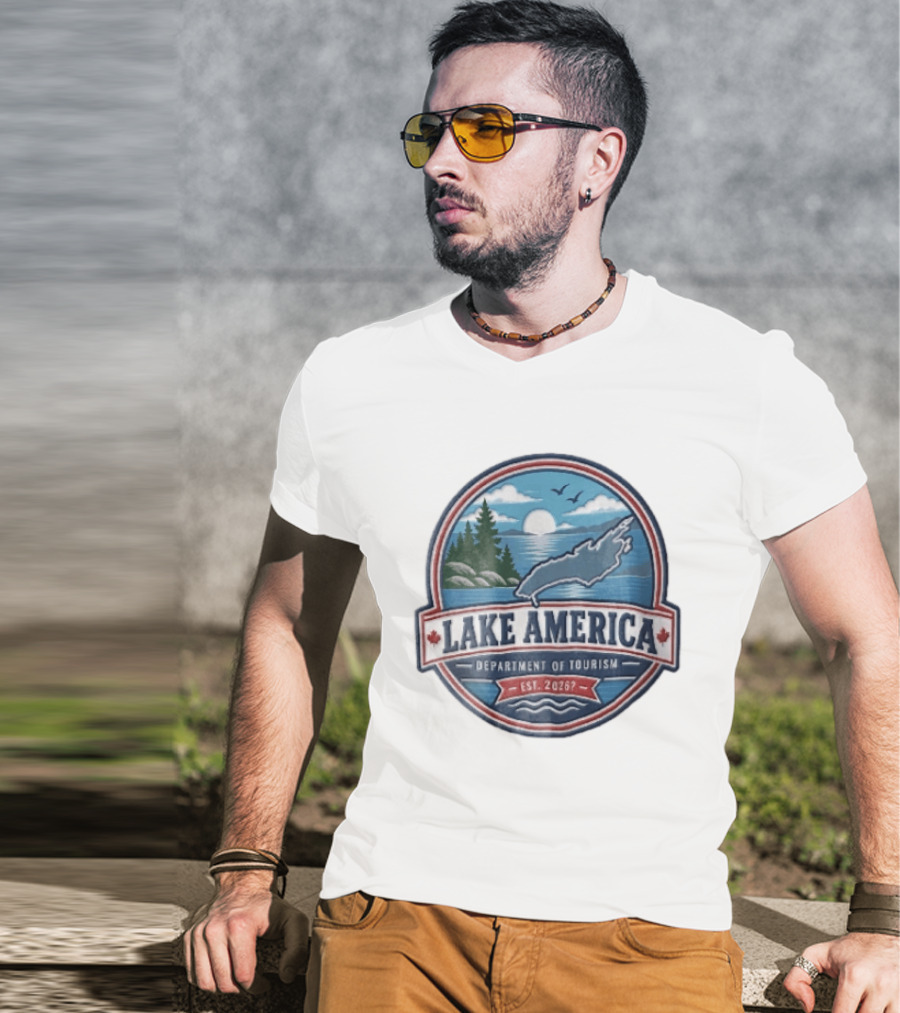 Lake America Department Of Tourism Est 2026 Circular Sunrise Pine Trees Scenic Landscape T-Shirt