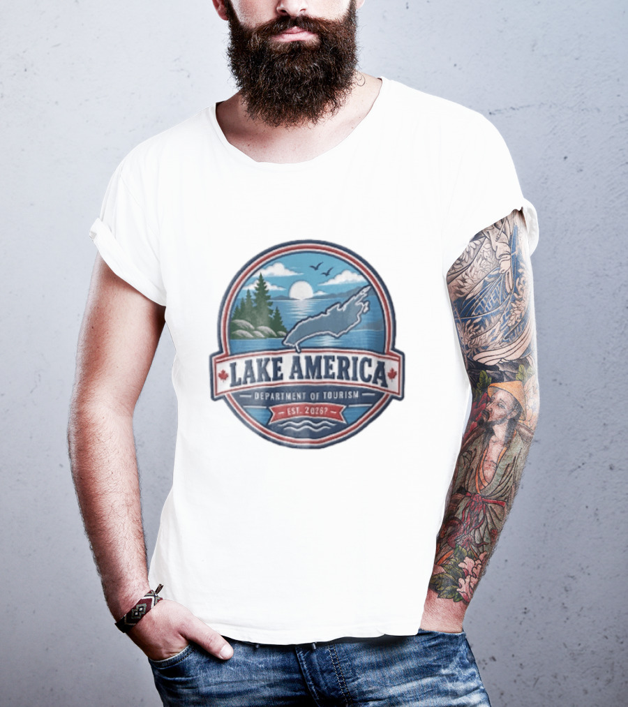 Lake America Department Of Tourism Est 2026 Circular Sunrise Pine Trees Scenic Landscape T-Shirt