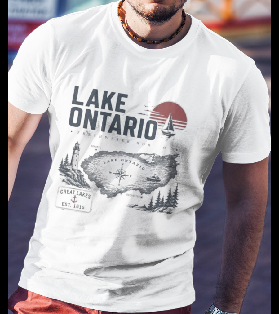 Lake Ontario Rochester Great Lakes Est 1615 Vintage Scenic Sunset License Plate Anchored Sailboat Lighthouse T-Shirt