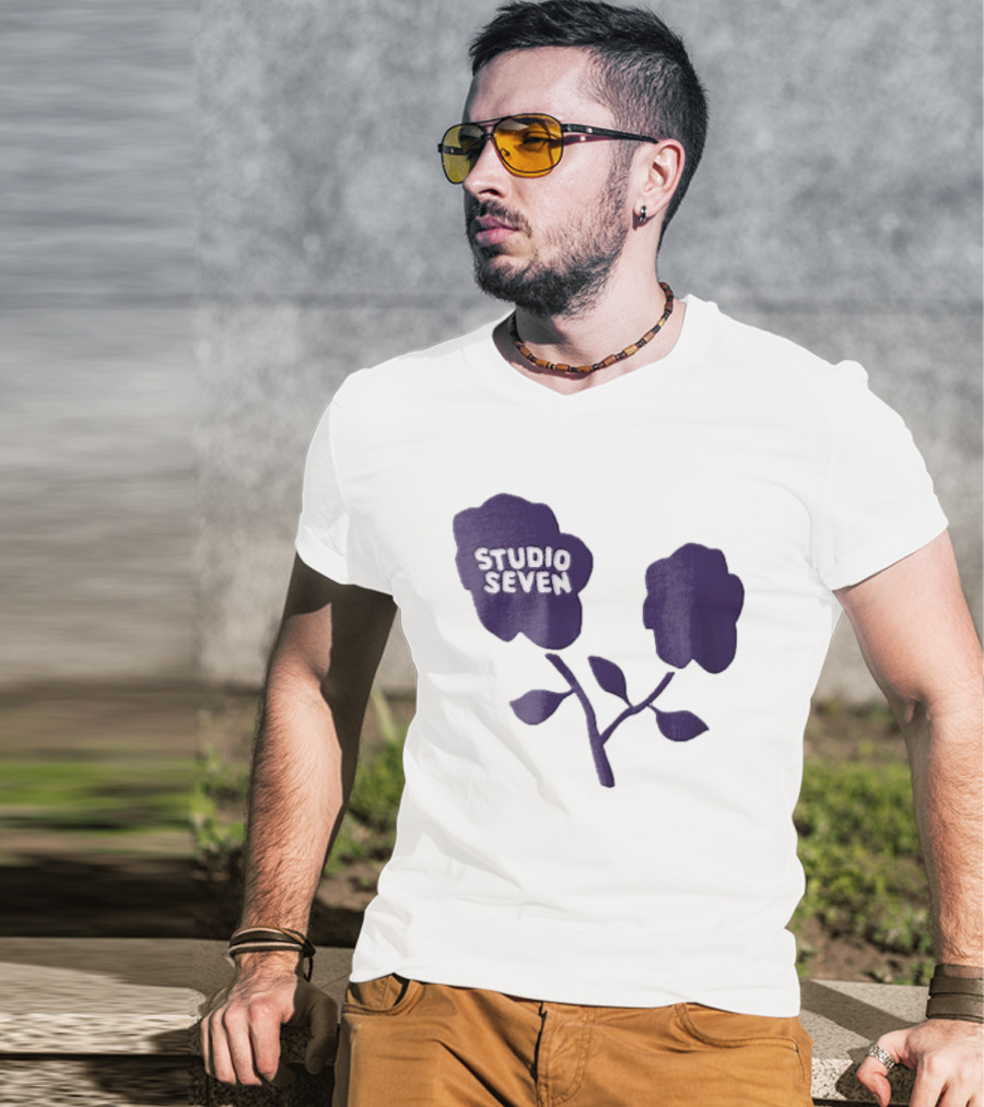 Studio Seven Hand Drawn Purple Flowers Stem Leaves T-Shirt