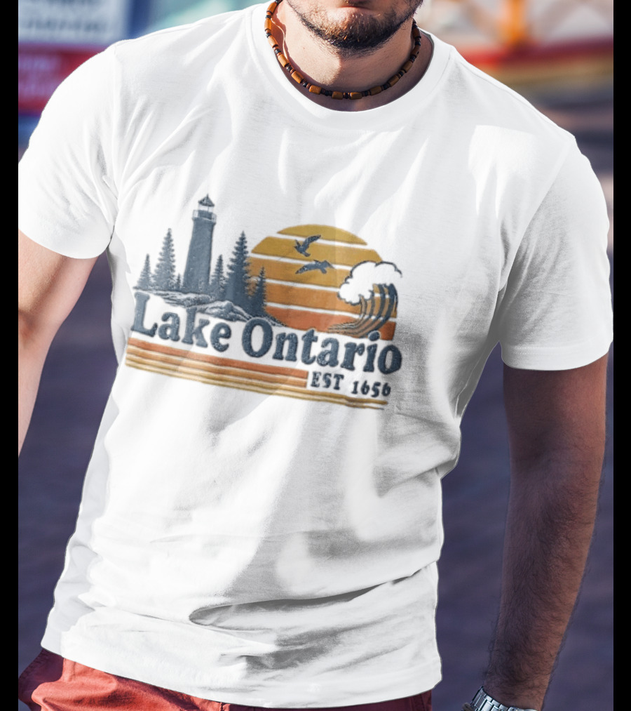 Lake Ontario Est 1656 Sunset Lighthouse Pine Trees Wave Scene T-Shirt