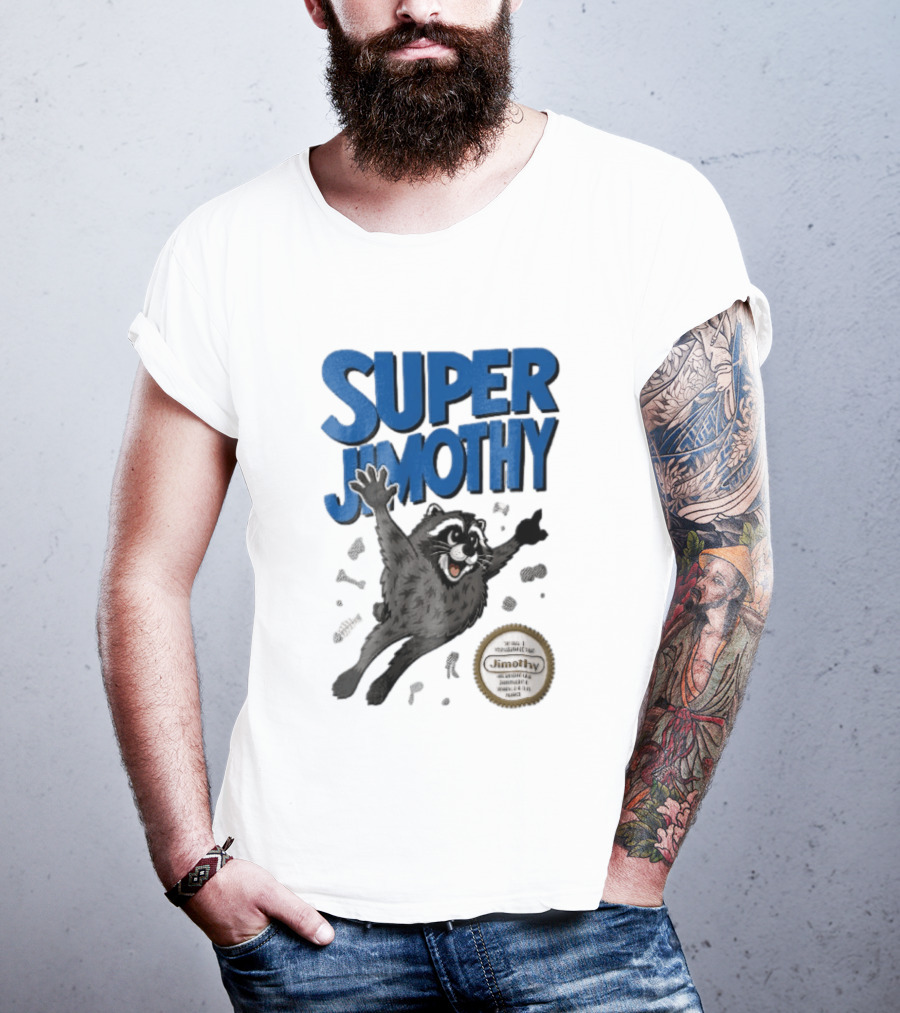 Super Jimothy Cartoon Flying Raccoon Trash Scraps Gold Seal T-Shirt