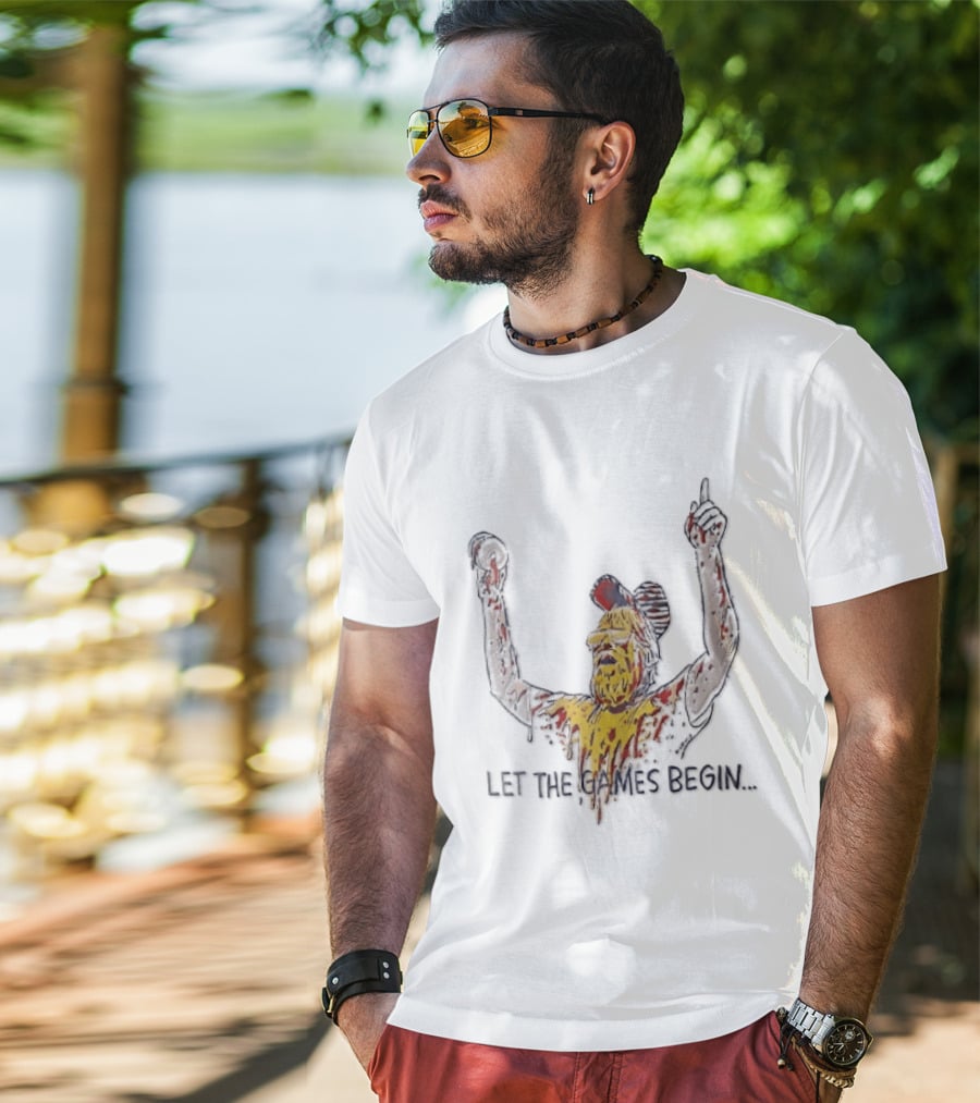 Let The Games Begin Caricature Beard Sunglasses Dripping Mustard Ketchup Line Arms Raised T-Shirt