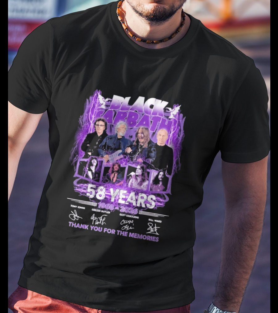 Black Sabbath 58 Years 1968 2026 Tony Iommi Geezer Butler Ozzy Osbourne Bill Ward Thank You For The Memories T-Shirt