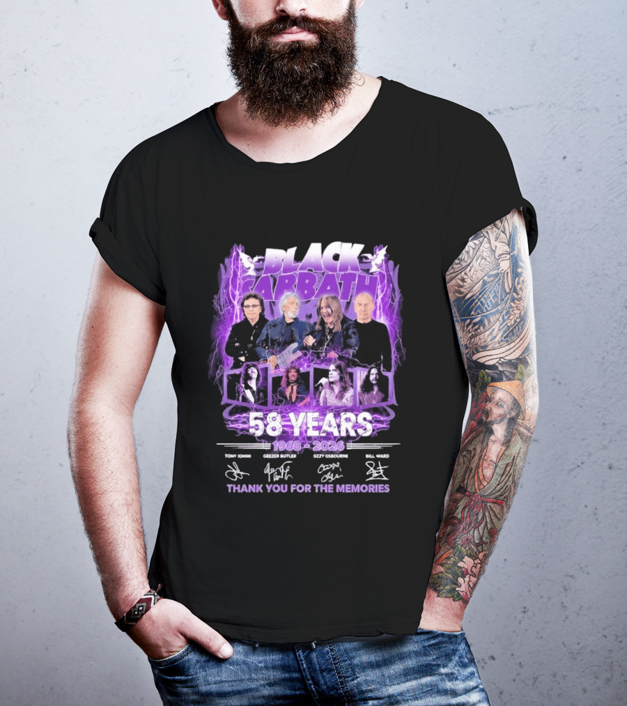 Black Sabbath 58 Years 1968 2026 Tony Iommi Geezer Butler Ozzy Osbourne Bill Ward Thank You For The Memories T-Shirt