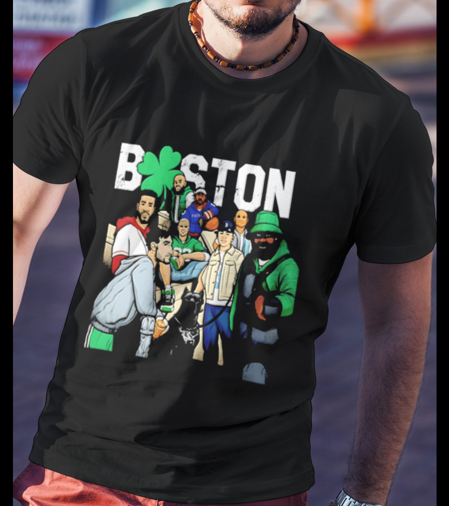 Boston Celtics Patriots Players With Shamrock And Boston T-Shirt