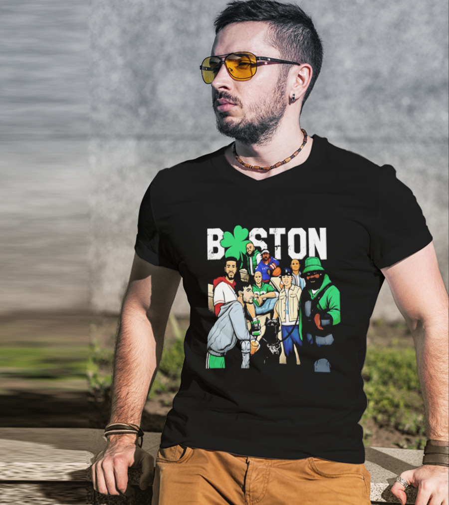 Boston Celtics Patriots Players With Shamrock And Boston T-Shirt
