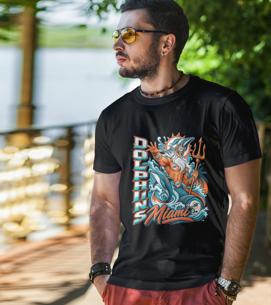 Miami Dolphins King Triton Ocean Waves Trident Dolphins T-Shirt