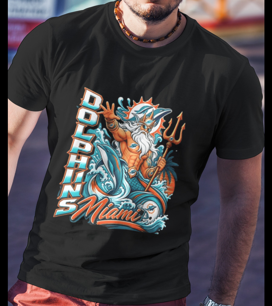 Miami Dolphins King Triton Ocean Waves Trident Dolphins T-Shirt