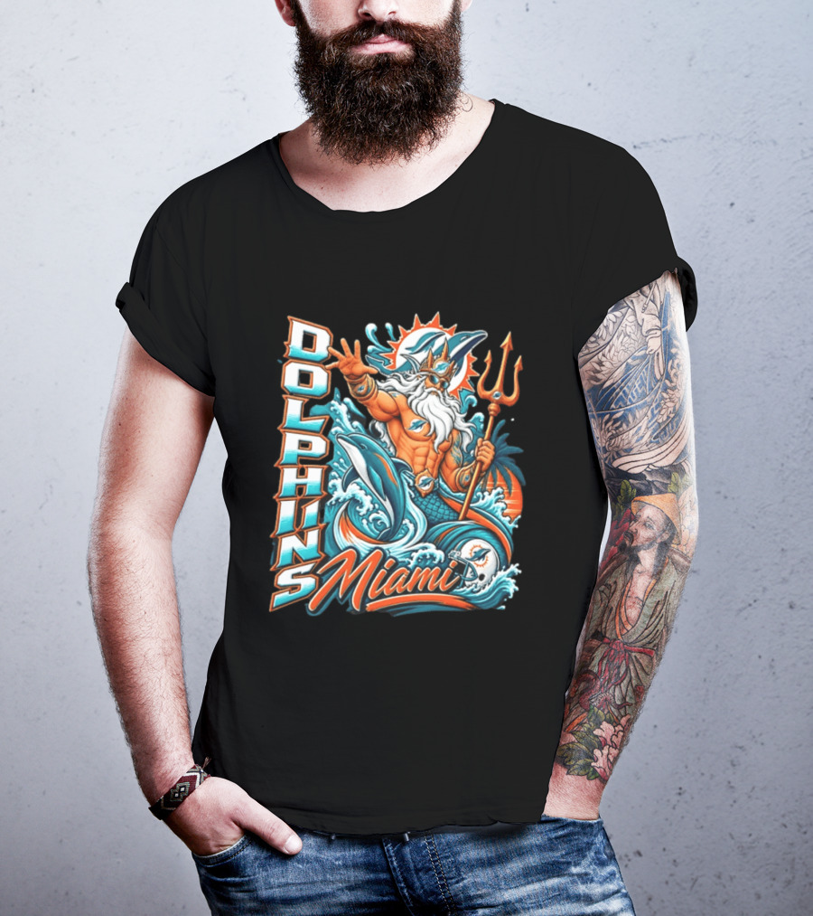 Miami Dolphins King Triton Ocean Waves Trident Dolphins T-Shirt