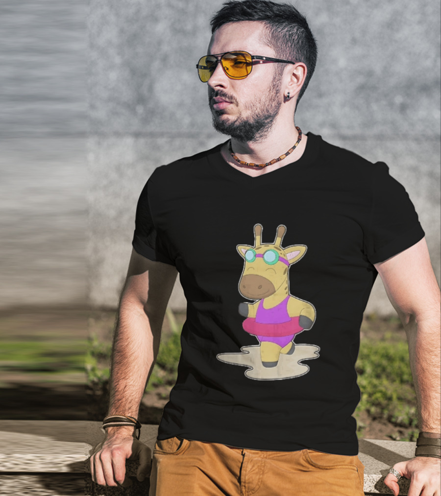 Giraffe Wearing Pink Swimsuit And Goggles With Inflatable Float Summer Fun T-Shirt