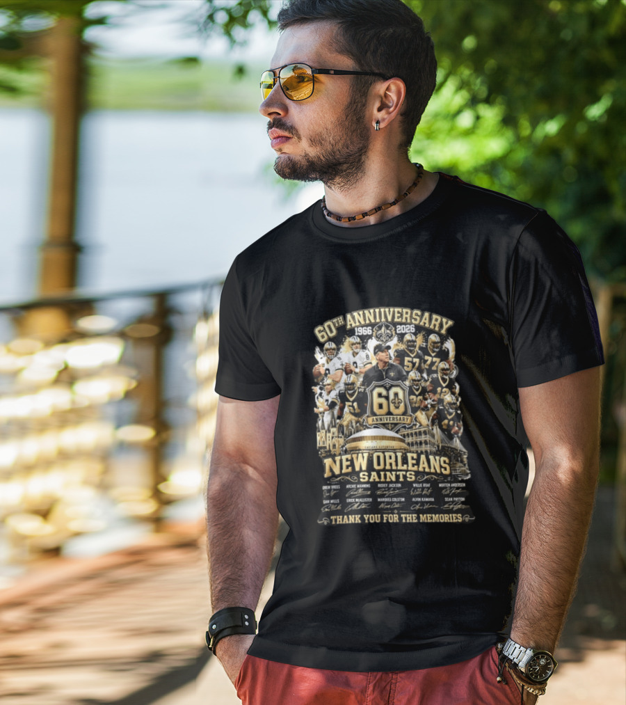 60th Anniversary 1966 2026 New Orleans Saints Thank You For The Memories Drew Brees Archie Manning Ricky Jackson T-Shirt