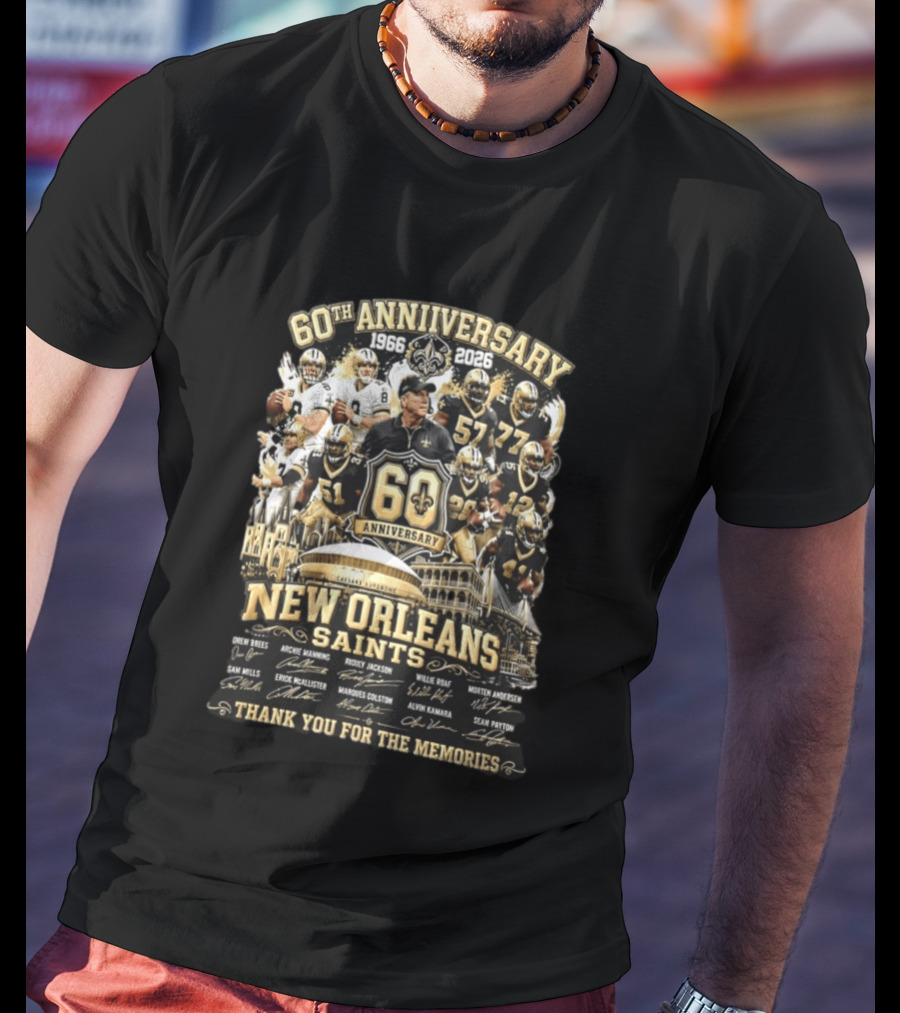 60th Anniversary 1966 2026 New Orleans Saints Thank You For The Memories Drew Brees Archie Manning Ricky Jackson T-Shirt