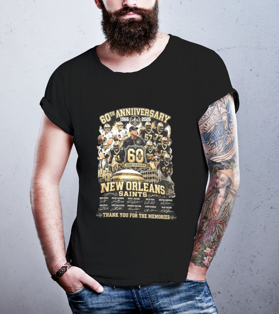 60th Anniversary 1966 2026 New Orleans Saints Thank You For The Memories Drew Brees Archie Manning Ricky Jackson T-Shirt