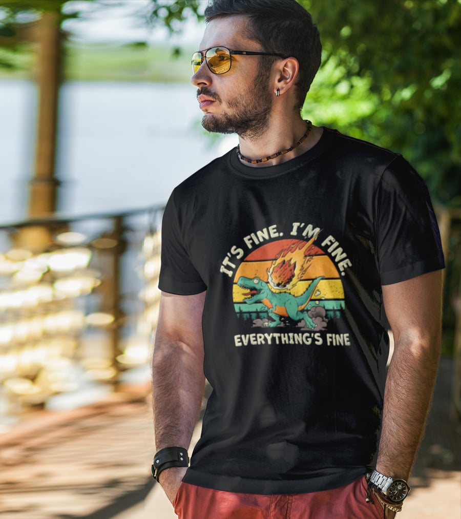 It's Fine I'm Fine Everything's Fine Cartoon Rex Running Meteor Sunset T-Shirt