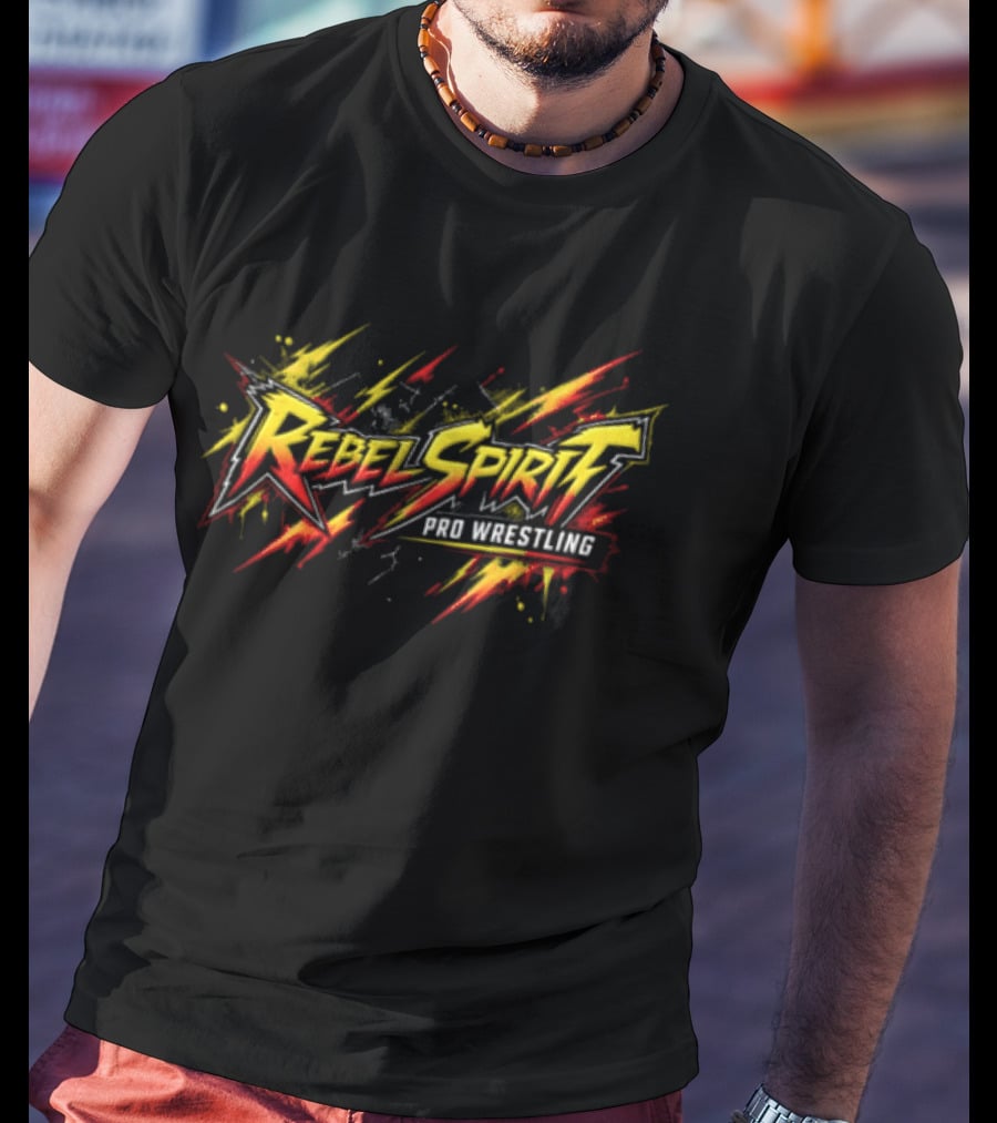 Rebel Spirit Pro Wrestling Spiky Lettering Paint Splatter Grunge Yellow Red Burst T-Shirt
