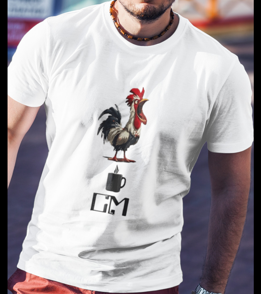 GM Cartoon Crowing Rooster Steaming Black Coffee T-Shirt