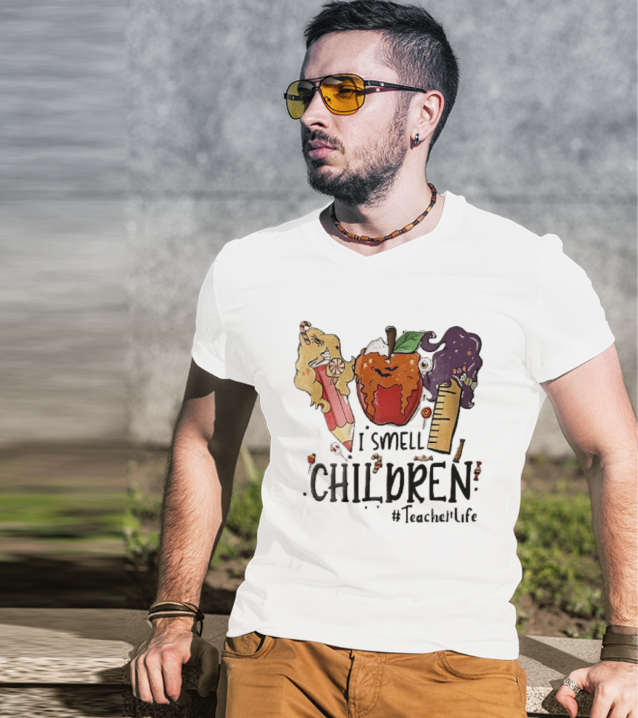 I Smell Children Teacherlife Sanderson Sisters Halloween Pencil Apple Ruler Cartoon T-Shirt