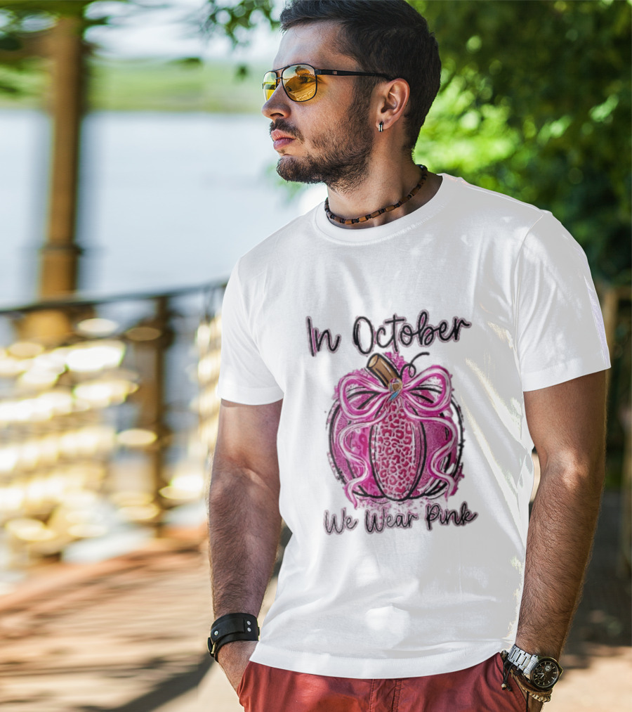 In October We Wear Pink Leopard Pumpkin Breast Cancer Ribbon Bow T-Shirt