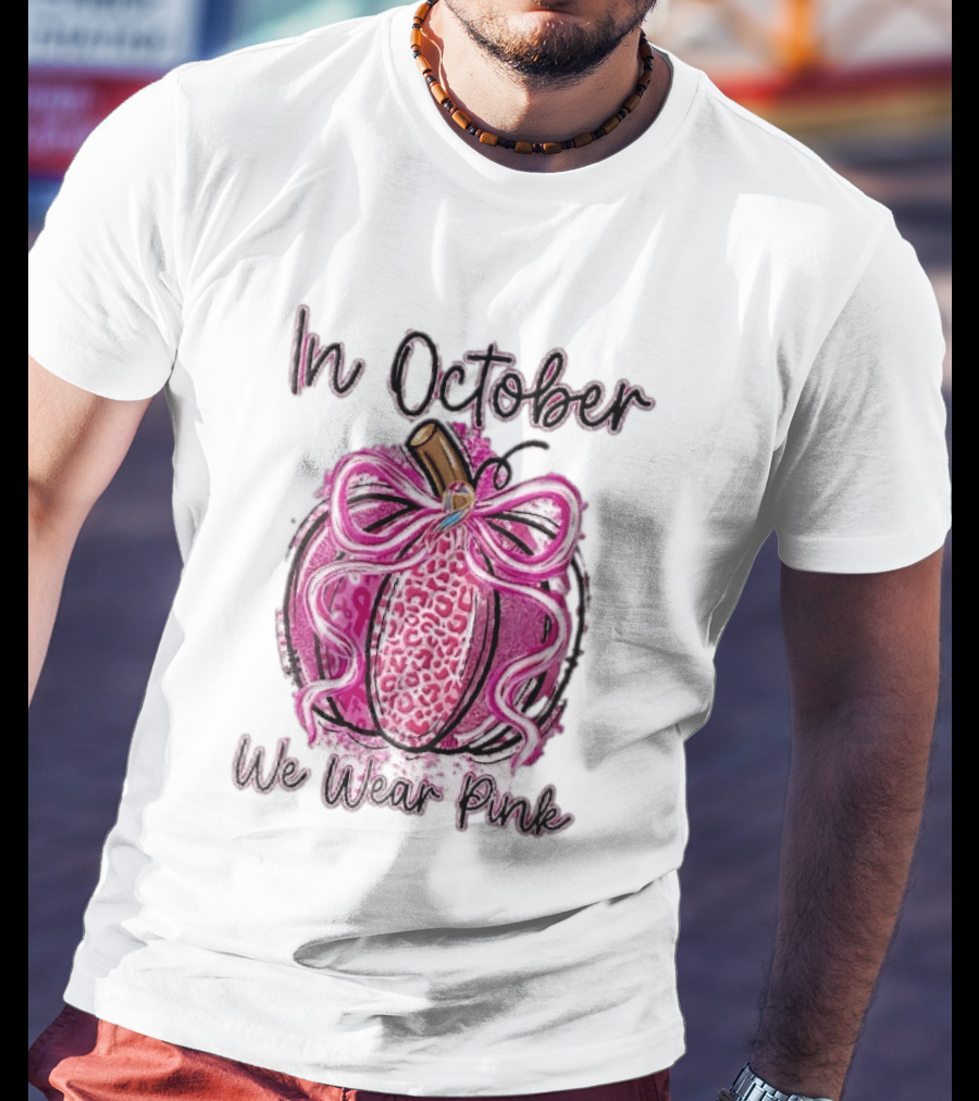 In October We Wear Pink Leopard Pumpkin Breast Cancer Ribbon Bow T-Shirt