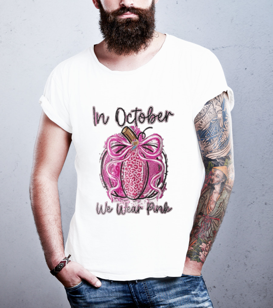 In October We Wear Pink Leopard Pumpkin Breast Cancer Ribbon Bow T-Shirt
