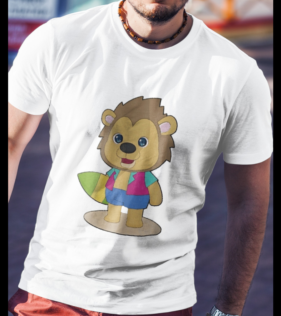 Lion Summer Surfing Adventure Cartoon T-Shirt