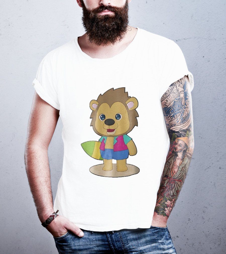 Lion Summer Surfing Adventure Cartoon T-Shirt