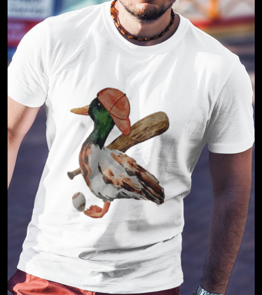 Mallard Duck Baseball Player Red Cap Wooden Bat Watercolor Mallard T-Shirt