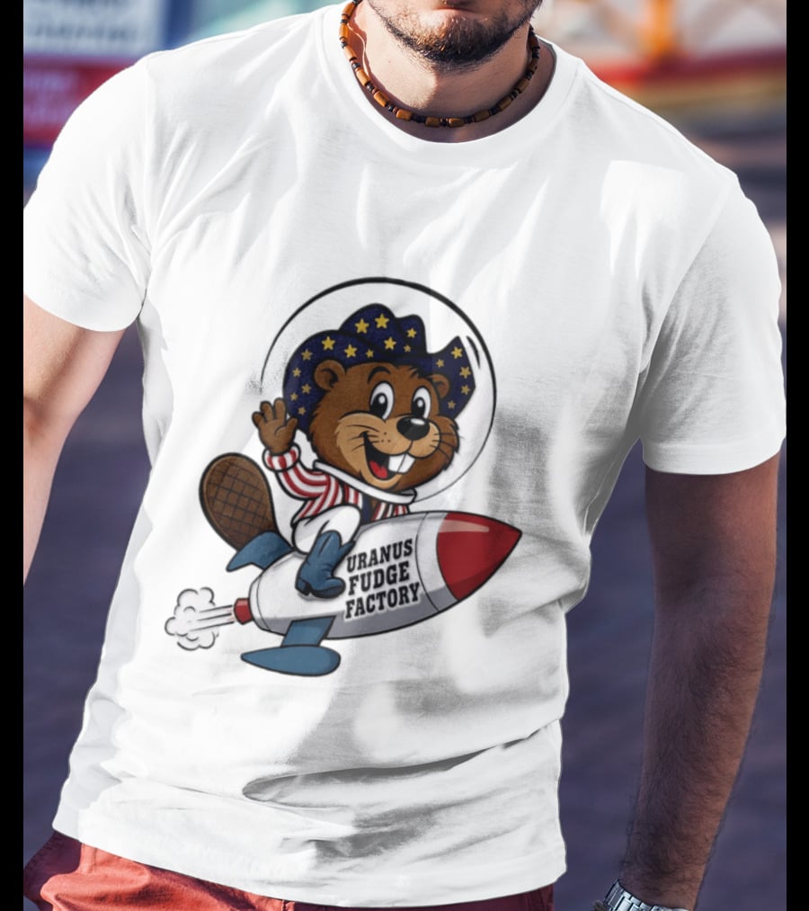 Uranus Fudge Factory Patriotic Beaver Riding Rocket T-Shirt