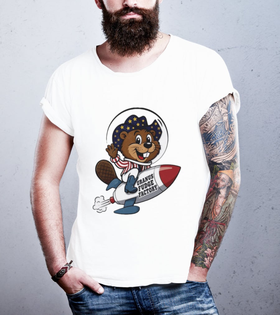 Uranus Fudge Factory Patriotic Beaver Riding Rocket T-Shirt