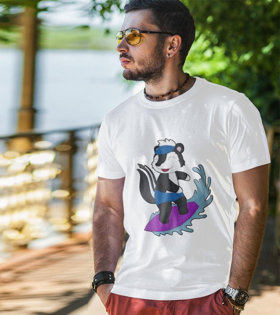 Skunk Surfing Cartoon On Purple Surfboard With Blue Waves And Summer Vibes T-Shirt