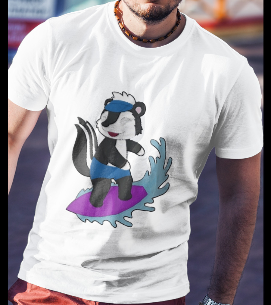 Skunk Surfing Cartoon On Purple Surfboard With Blue Waves And Summer Vibes T-Shirt