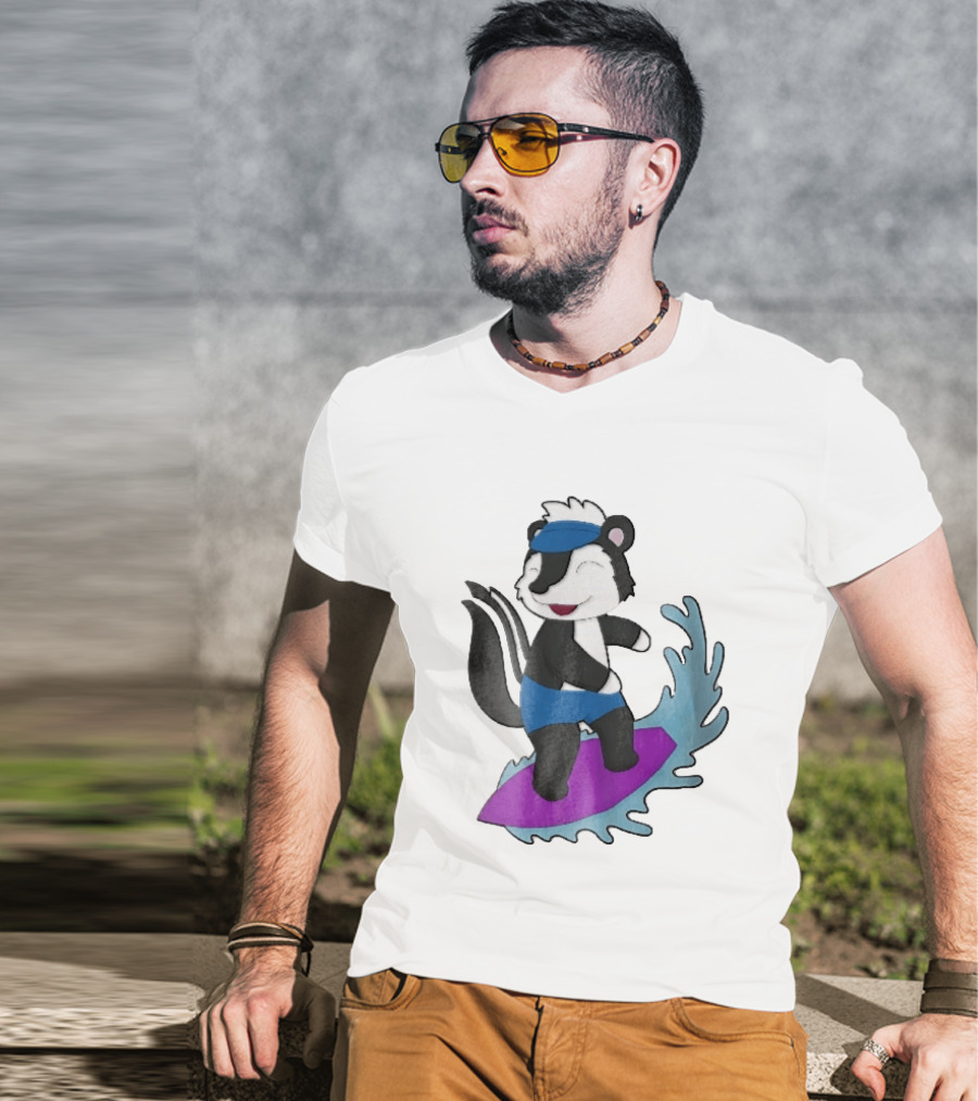 Skunk Surfing Cartoon On Purple Surfboard With Blue Waves And Summer Vibes T-Shirt