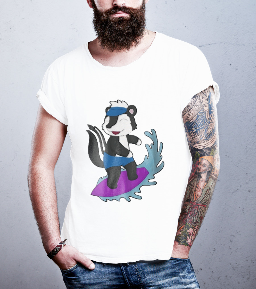 Skunk Surfing Cartoon On Purple Surfboard With Blue Waves And Summer Vibes T-Shirt