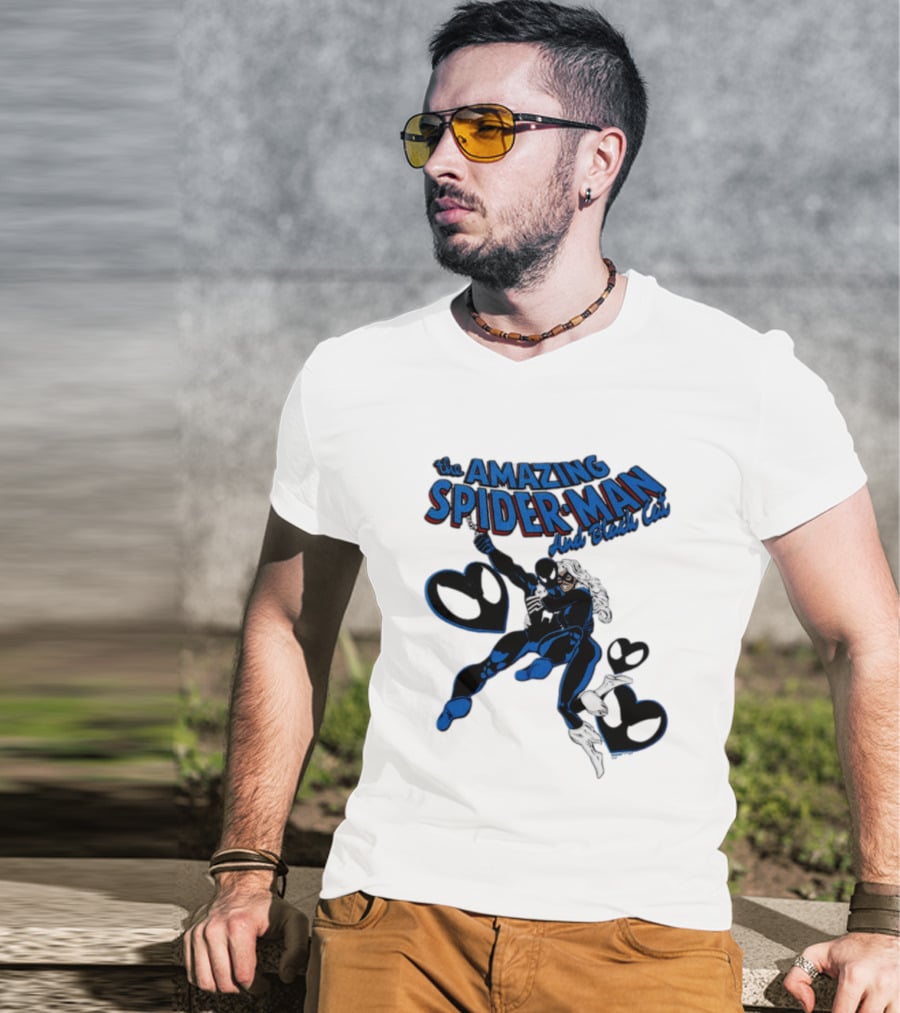 The Amazing Spider Man Hugs Black Cat With Hearts T-Shirt