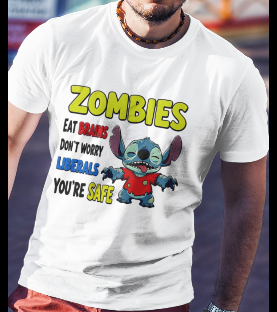 Zombies Eat Brains Don't Worry Liberals You're Safe Stitch Cartoon Creature Stitched Red T-Shirt