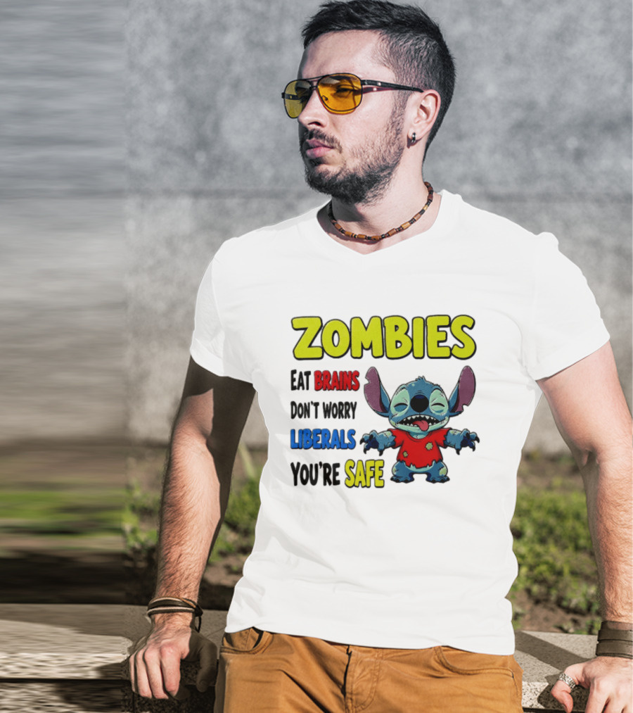 Zombies Eat Brains Don't Worry Liberals You're Safe Stitch Cartoon Creature Stitched Red T-Shirt