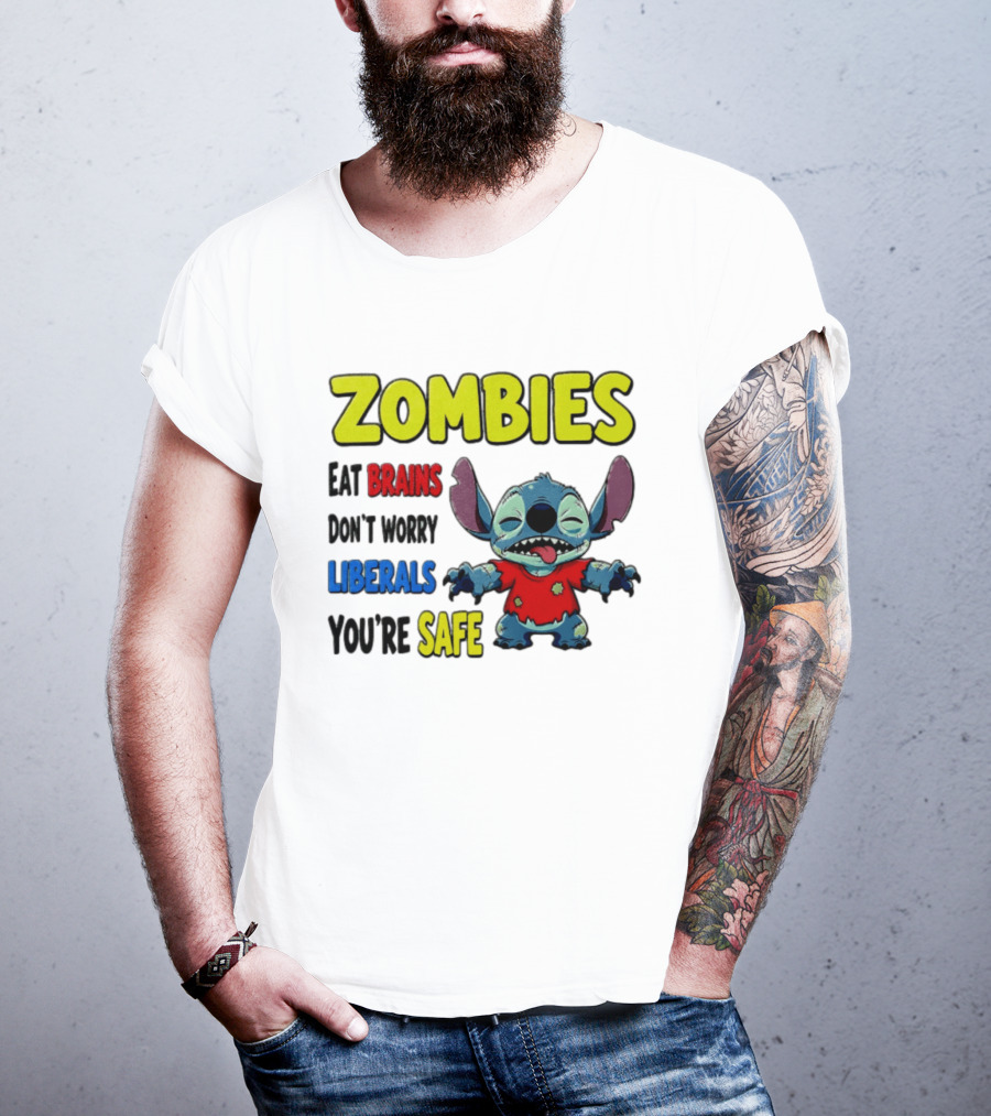 Zombies Eat Brains Don't Worry Liberals You're Safe Stitch Cartoon Creature Stitched Red T-Shirt