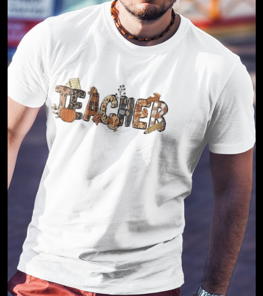 Teacher Fall Autumn Pumpkin Globe Pencil Pie Slice T-Shirt