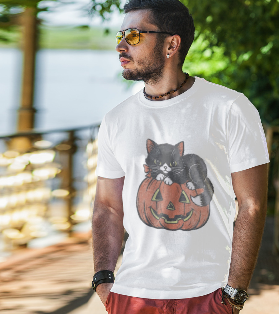 The Pumpkin Cat Halloween Black Cat On Jack O' Lantern T-Shirt