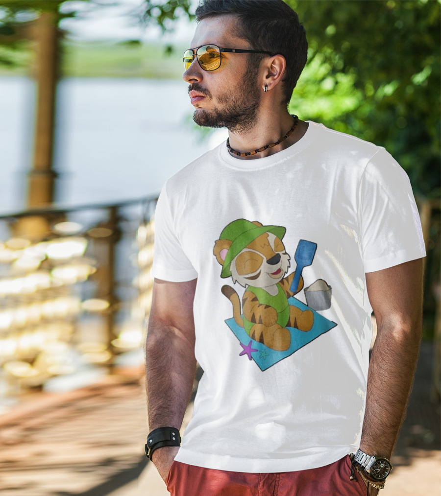 Playful Tiger Beach Sand Adventure Summer Scene T-Shirt