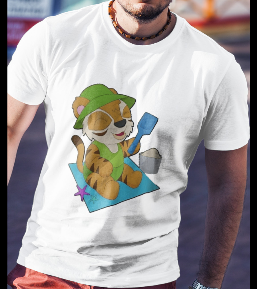 Playful Tiger Beach Sand Adventure Summer Scene T-Shirt
