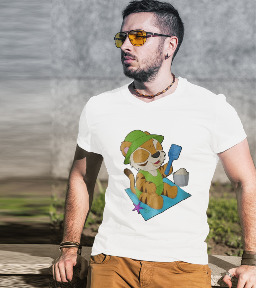 Playful Tiger Beach Sand Adventure Summer Scene T-Shirt