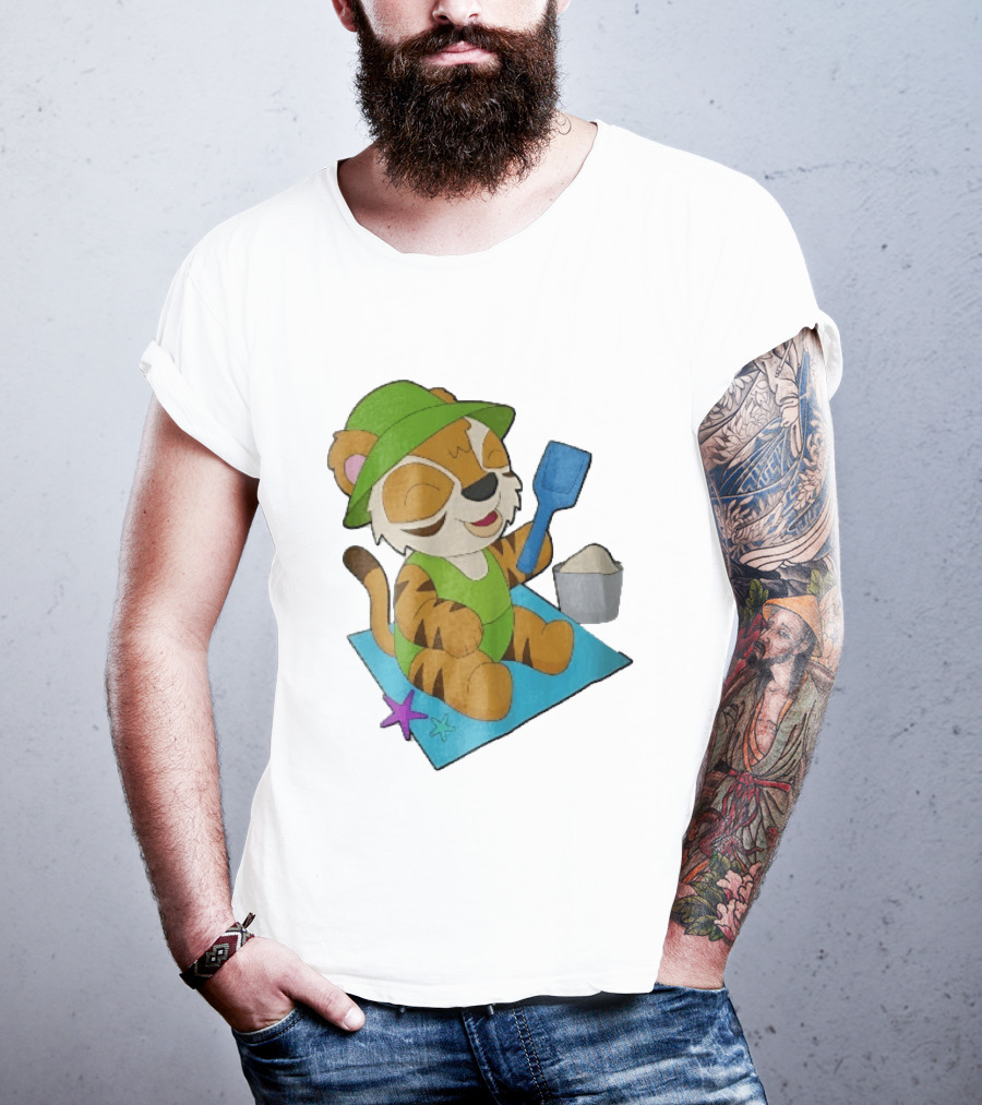 Playful Tiger Beach Sand Adventure Summer Scene T-Shirt