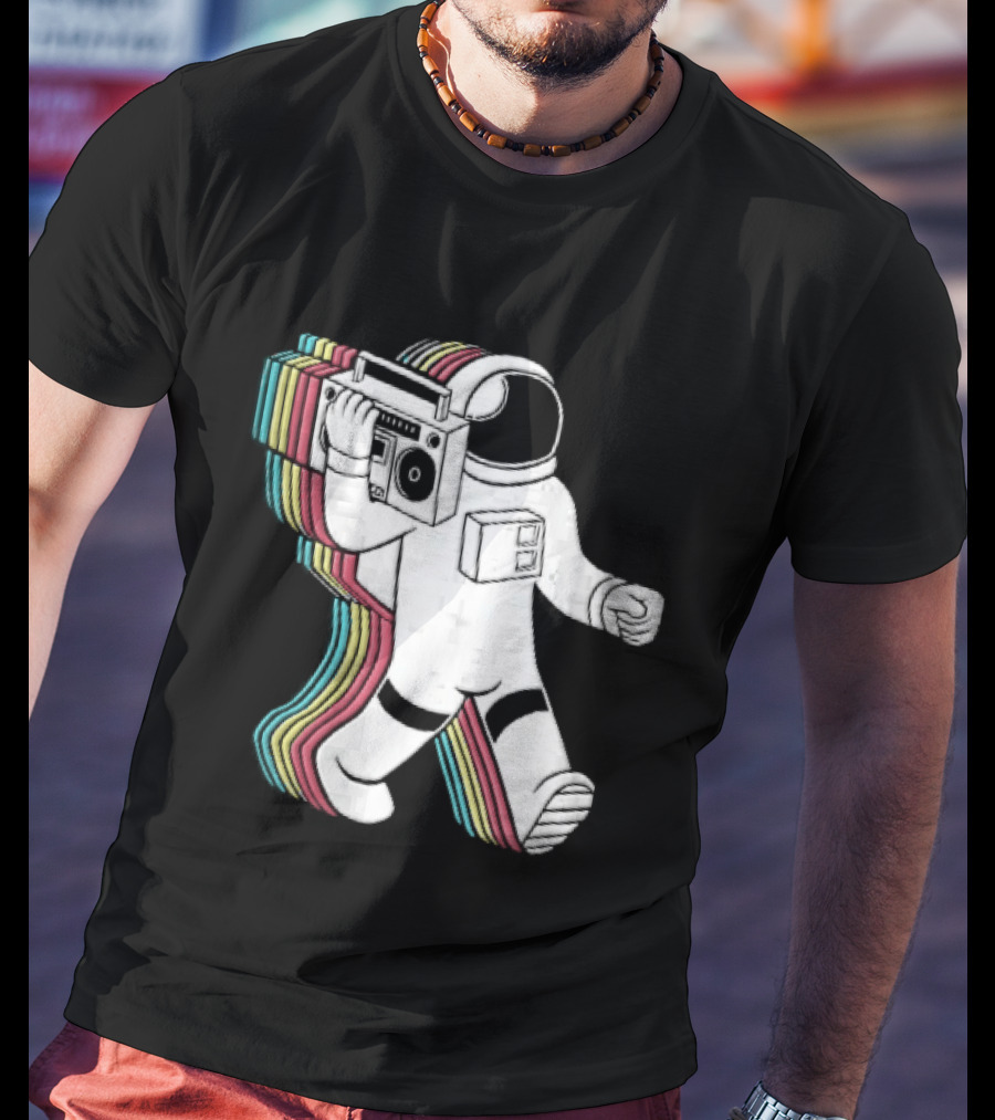 Astronaut Carrying Boombox Retro Colorful Vibes T-Shirt