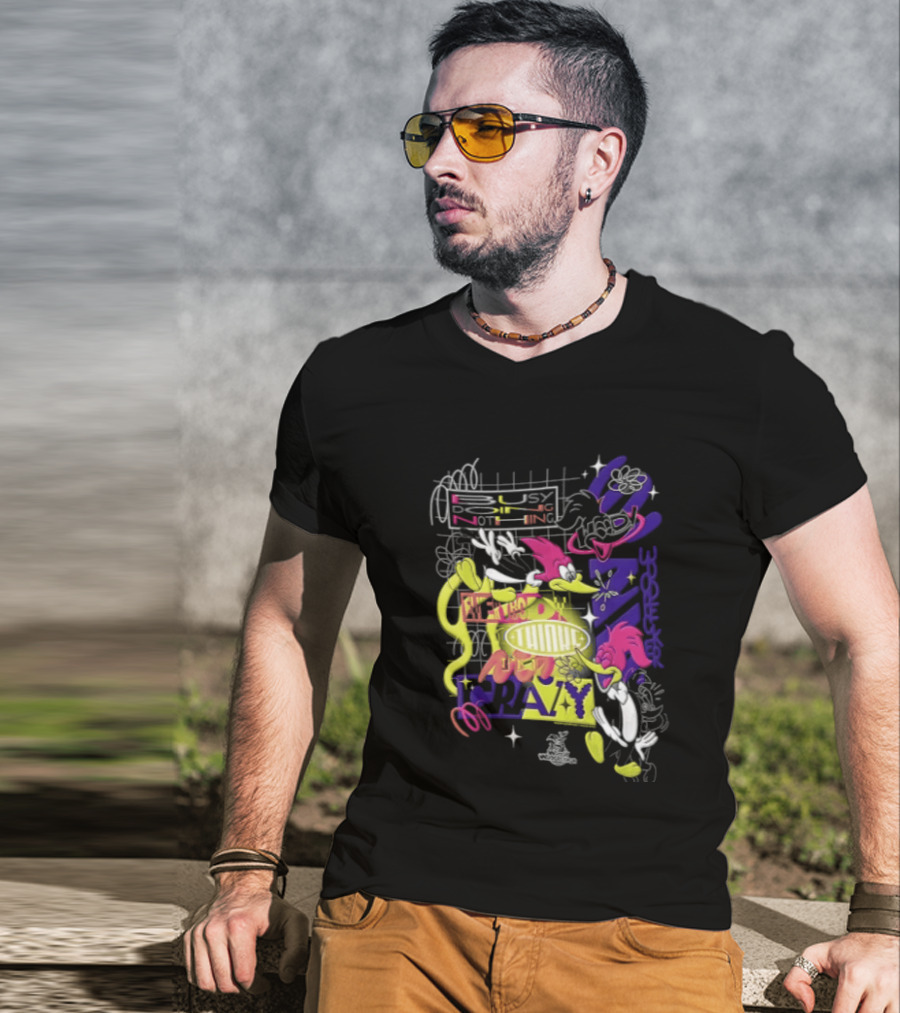 Busy Doing Nothing Everybody Thinks I'm Crazy Woody Woodpecker Walter Lantz Neon Grid Poses T-Shirt