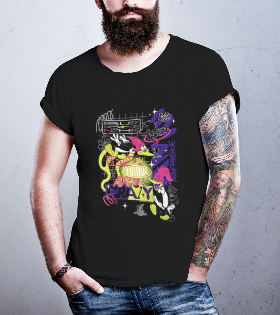Busy Doing Nothing Everybody Thinks I'm Crazy Woody Woodpecker Walter Lantz Neon Grid Poses T-Shirt