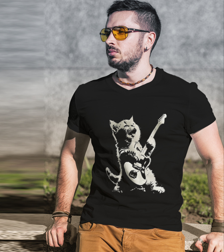 Cat Playing Electric Guitar Rocker Meowing Stencil Splatter Black And White T-Shirt