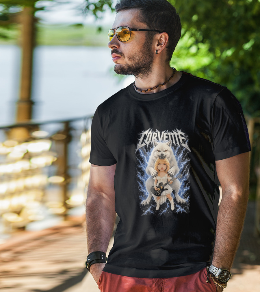 Corvette Chibi Blonde With Electric Guitar White Wolf And Lightning Heavy Metal T-Shirt
