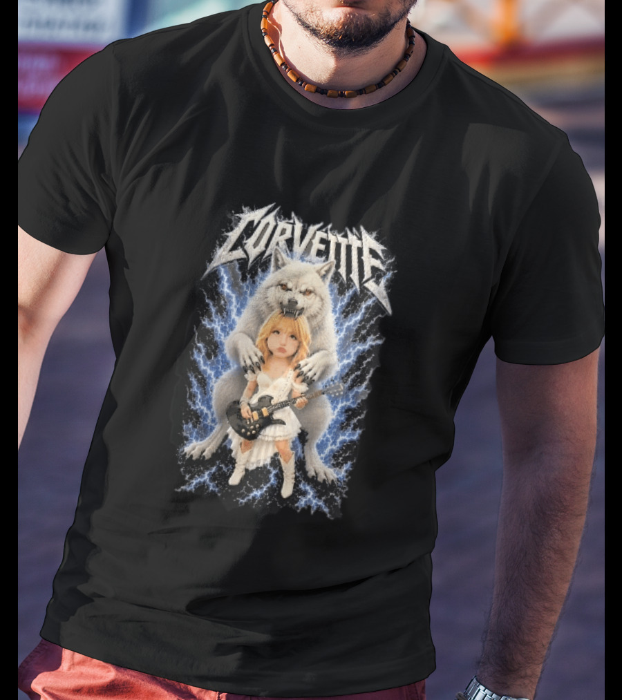 Corvette Chibi Blonde With Electric Guitar White Wolf And Lightning Heavy Metal T-Shirt
